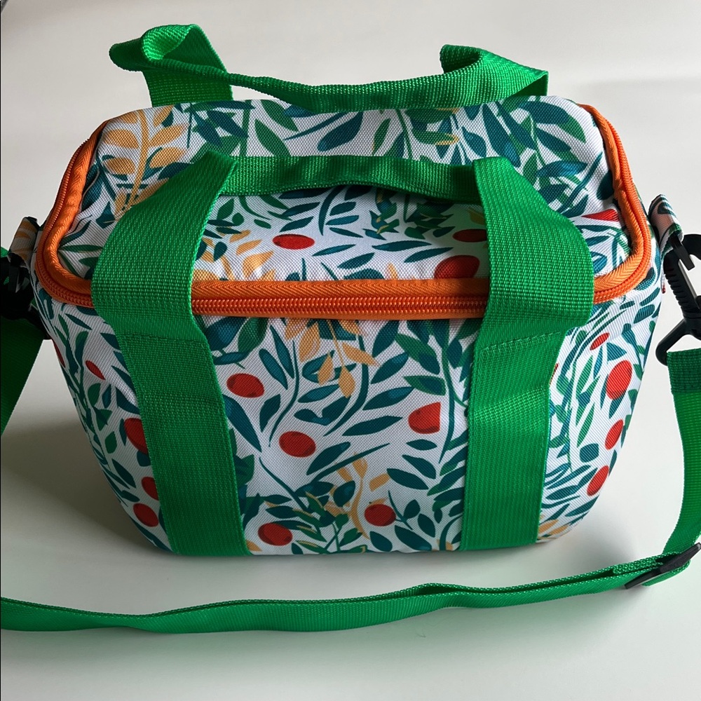 Avon Green Leaf Print Travel Tote with Orange Zipper